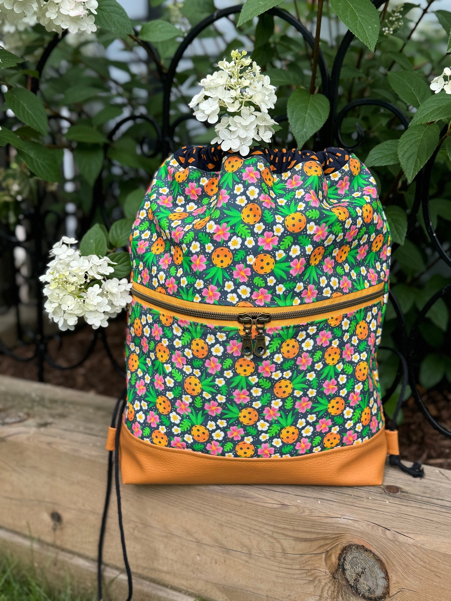 Begonia Backpack in Canvas - Pickleball Passion Floral lined itch Navy Cotton Print