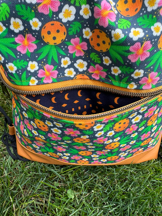 Begonia Backpack in Canvas - Pickleball Passion Floral lined itch Navy Cotton Print