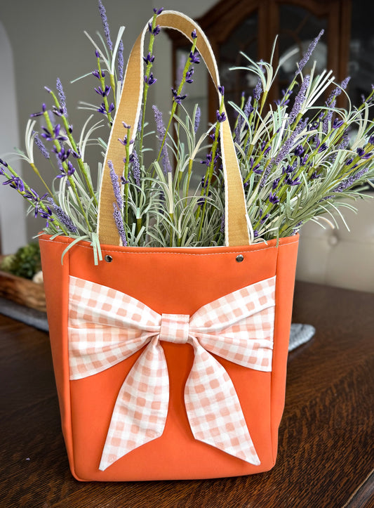 Small Size Tote - Faux Leather in Orange + Rifle Paper Peach Gingham lining (**faux lavender not included)