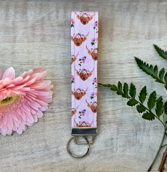 Key Fob Wristlet - HIghland Cow  - lined with Cork Fabric