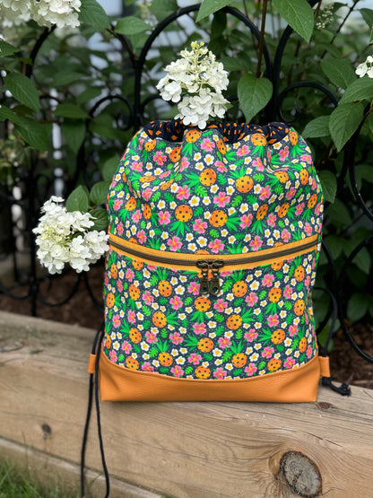 Begonia Backpack in Canvas - Pickleball Passion Floral ~ lined in Navy Cotton