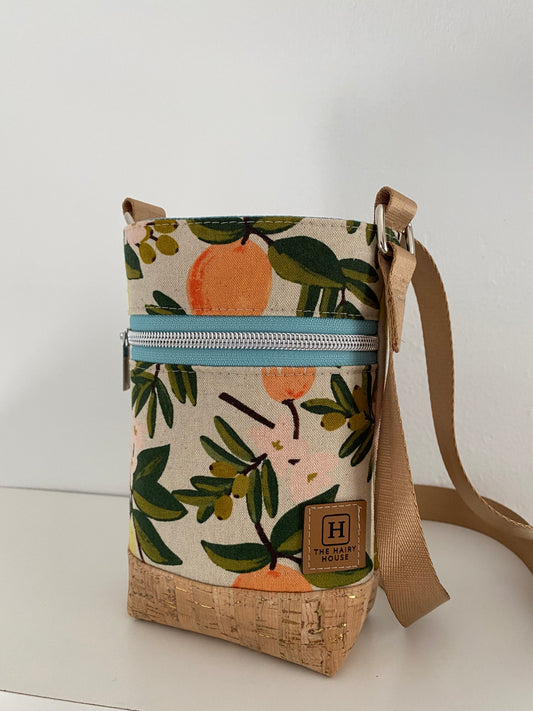 Wanderlust Phone Crossbody Bag - Citrus and Floral Canvas in Natural/Cork Bottom