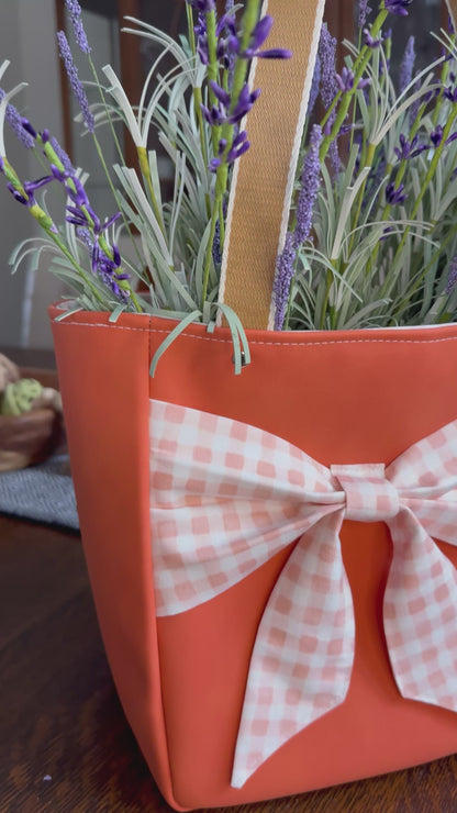 Small Size Tote - Faux Leather in Orange + Rifle Paper Peach Gingham lining (**faux lavender not included)